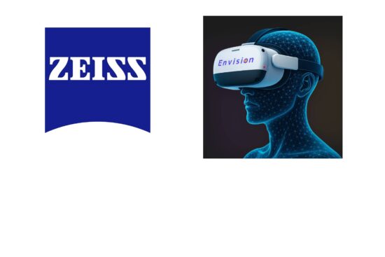 Side-by-side logos: the ZEISS logo in white bold text on a blue shield-shaped background, and the Envision VR headset product image showing a wireframe human figure in profile wearing a white headset labeled 'Envision', on a white background.