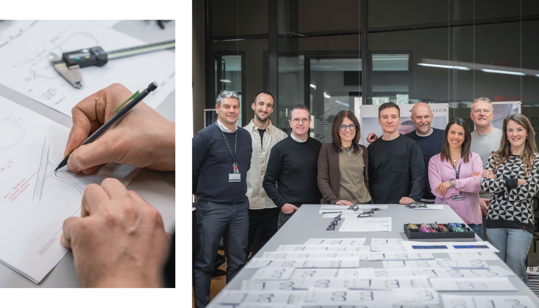 Image composite montrant un gros plan de mains dessinant un croquis technique de lunettes, à côté d'un portrait de groupe de l'équipe de design Blackfin réunie autour d'une table de travail.
