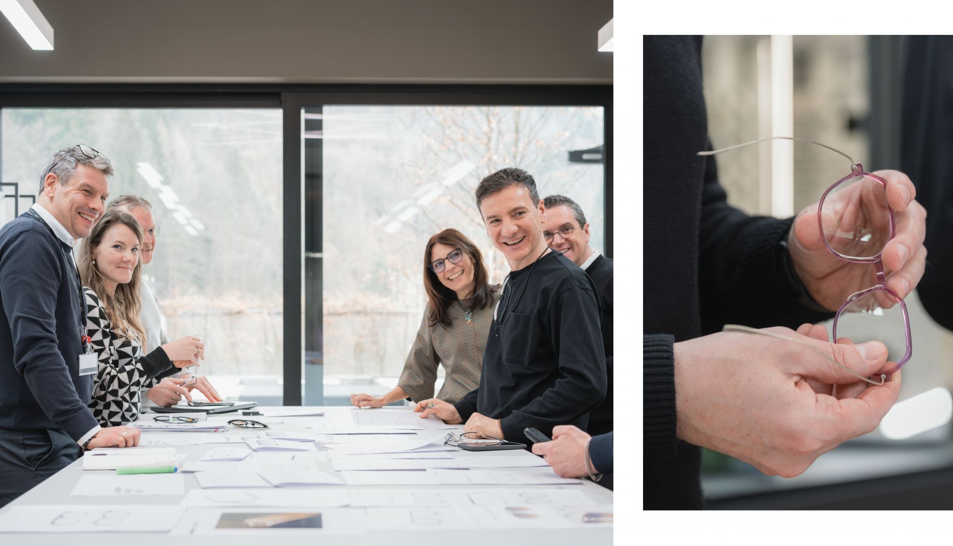 Image composite présentant l'équipe Blackfin souriante lors d'une réunion de conception autour d'une table, juxtaposée à un gros plan de mains ajustant une monture de lunettes rose en titane.