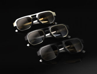 Three pairs of Blackfin Prometheus avant-garde sunglasses with oversized double bridges stacked diagonally against a black background.