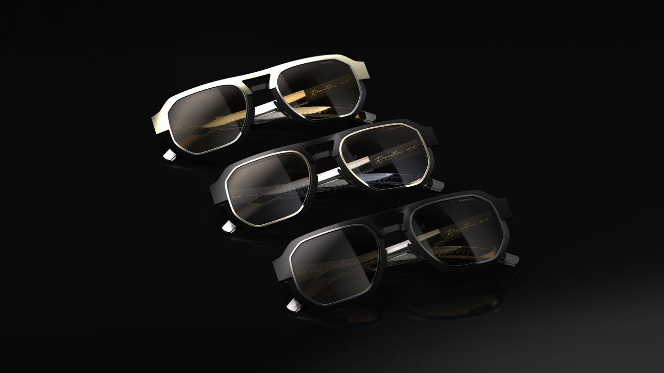 Three pairs of Blackfin Prometheus avant-garde sunglasses with oversized double bridges stacked diagonally against a black background.