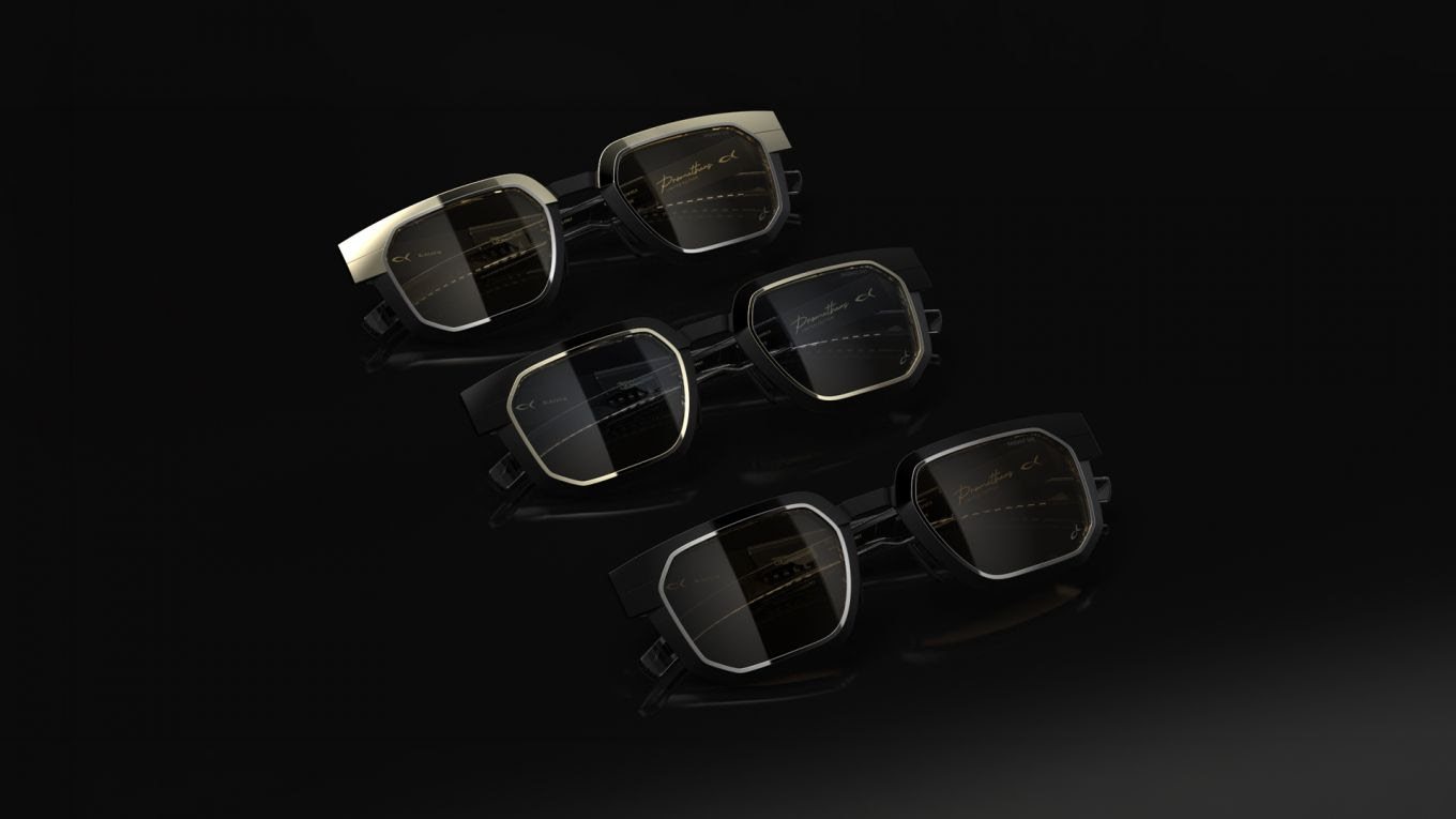 Vue alternative de trois lunettes de soleil de luxe Blackfin Prometheus, mettant en valeur les montures de l'édition limitée aux cerclages d'or, de ruthénium et de palladium sur une surface sombre.