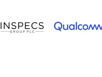 The logos of Inspecs Group plc and Qualcomm side by side on a plain white background. On the left, the "INSPECS" logo is in black, all-caps serif font, with "GROUP PLC" centered below between two horizontal lines. On the right, the blue Qualcomm logo features a rounded typeface with the letter 'm' styled as a continuous waveform.
