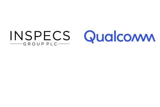 The logos of Inspecs Group plc and Qualcomm side by side on a plain white background. On the left, the "INSPECS" logo is in black, all-caps serif font, with "GROUP PLC" centered below between two horizontal lines. On the right, the blue Qualcomm logo features a rounded typeface with the letter 'm' styled as a continuous waveform.