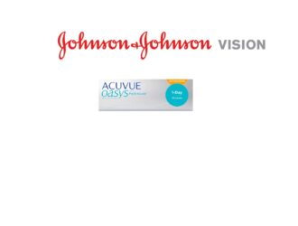 Logo Johnson & Johnson Vision au-dessus d'une boîte de lentilles de contact ACUVUE OASYS 1-Day with HydraLuxe pour l'astigmatisme, 30 lentilles.