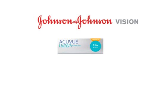 Johnson & Johnson Vision logo above a pack of ACUVUE OASYS 1-Day with HydraLuxe contact lenses for Astigmatism, 30 lenses.