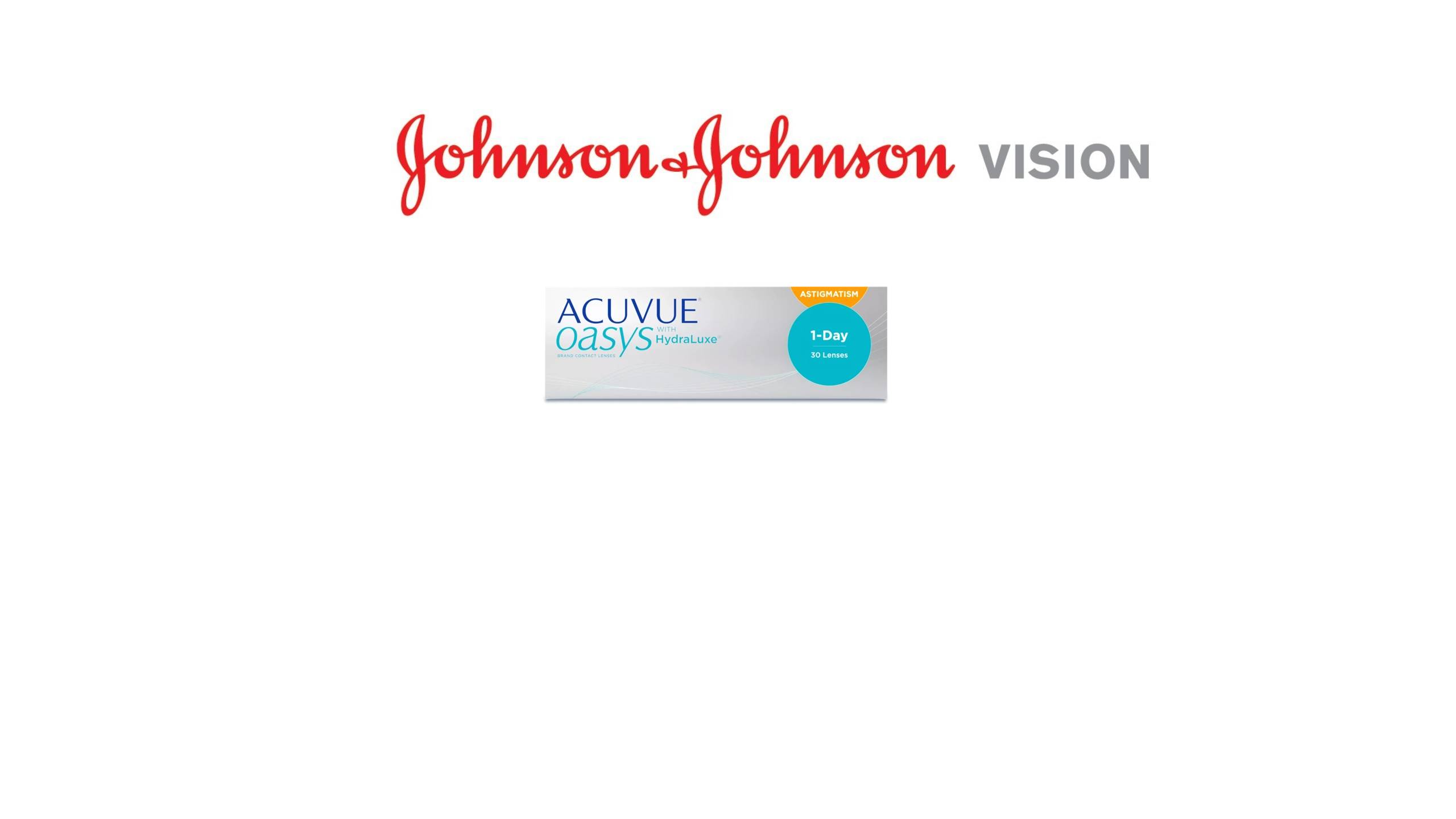 Johnson & Johnson Vision logo above a pack of ACUVUE OASYS 1-Day with HydraLuxe contact lenses for Astigmatism, 30 lenses.