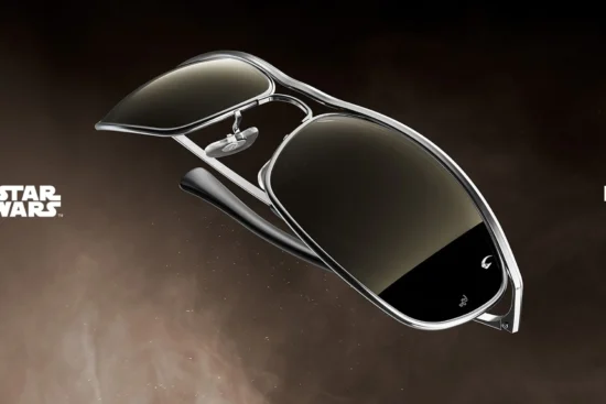 Promotional banner featuring gray and beige Ray-Ban sunglasses floating against a dark, dusty brown background with Star Wars Mandalorian and Grogu branding