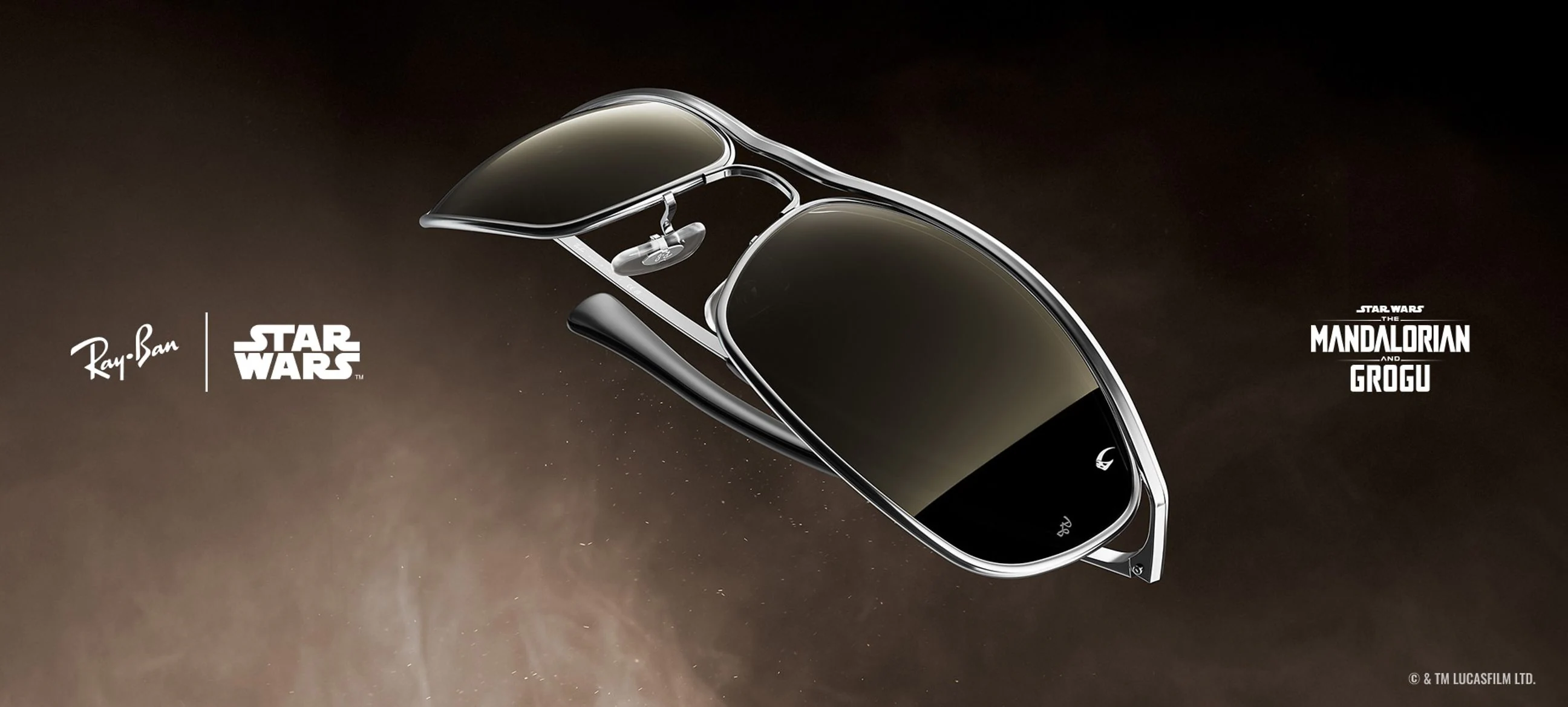 Promotional banner featuring gray and beige Ray-Ban sunglasses floating against a dark, dusty brown background with Star Wars Mandalorian and Grogu branding