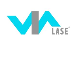 Logo for ViaLase. It features a stylized, abstract graphic of the letters "V" and "A" combined into a continuous, sharp zigzag wave pattern. The left and right sections are bright cyan, while the center vertical column is solid gray. To the bottom right of the graphic, the word "LASE" is written in a clean, gray, all-caps sans-serif font with a registered trademark symbol.