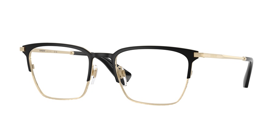 Lunettes optiques Burberry BE1401 modèle ADV noir et or clair, barre de sourcil contrastante et cercles gravés motif check