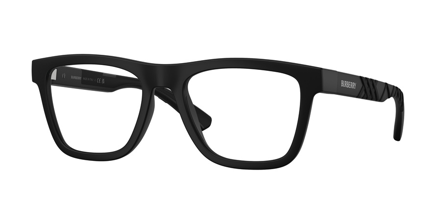 Burberry BE2452U matte black rectangular optical glasses with bio-based nylon frame and check-textured temples