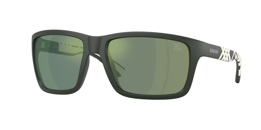 Burberry BE4483 matte green bold rectangular sunglasses with bi-injected rubber check temples and mirror green lenses
