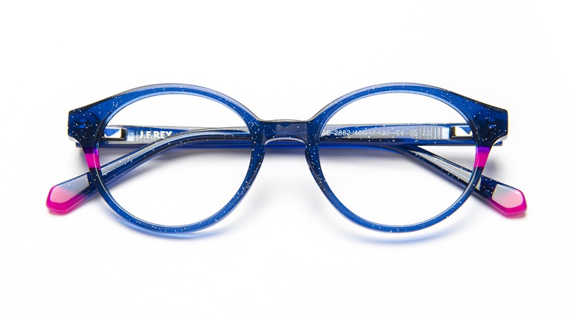 J.F. Rey Kids ANGE 2882 blue glitter round acetate glasses with pink gradient temple tips