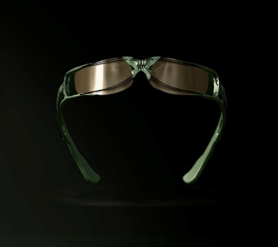 Vue arrière de lunettes de soleil enveloppantes vertes aux verres miroir ambrés, sur fond sombre. 