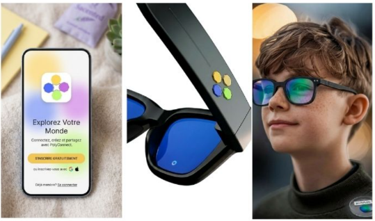 Three-panel image showing a smart glasses app interface, blue-lensed frame detail, and a boy wearing the glasses outdoors.