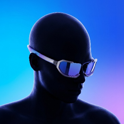 3D-rendered silhouette wearing sleek sport sunglasses with blue mirrored lenses against a blue-purple gradient background.