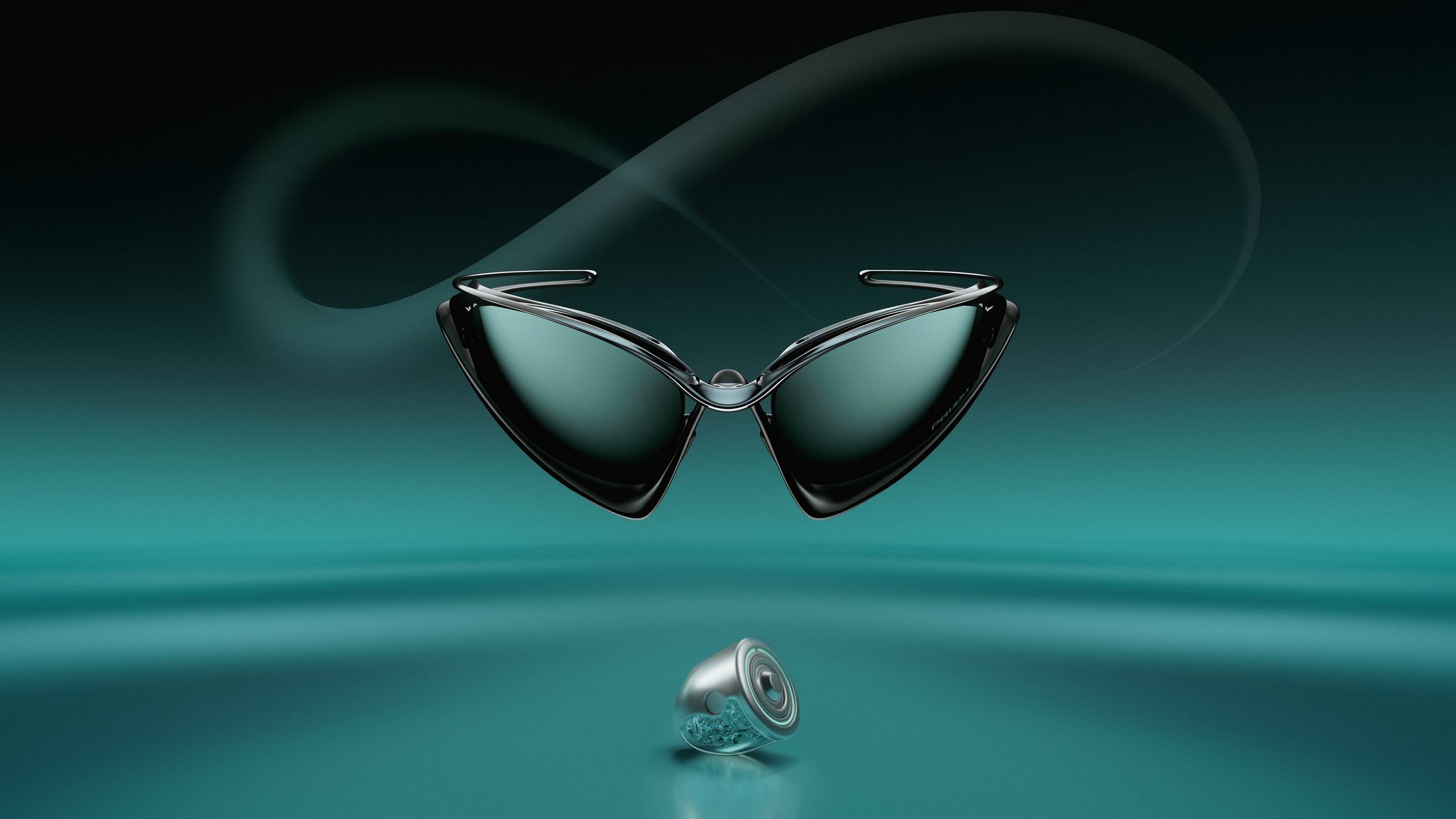 Lunettes de soleil Oakley Infiniloop en chrome poli flottant sur un fond dégradé noir et turquoise avec une forme subtile de symbole de l'infini.