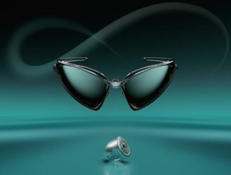 Oakley Infiniloop sunglasses in Polished Chrome floating against a teal and black background featuring a subtle infinity symbol shape.