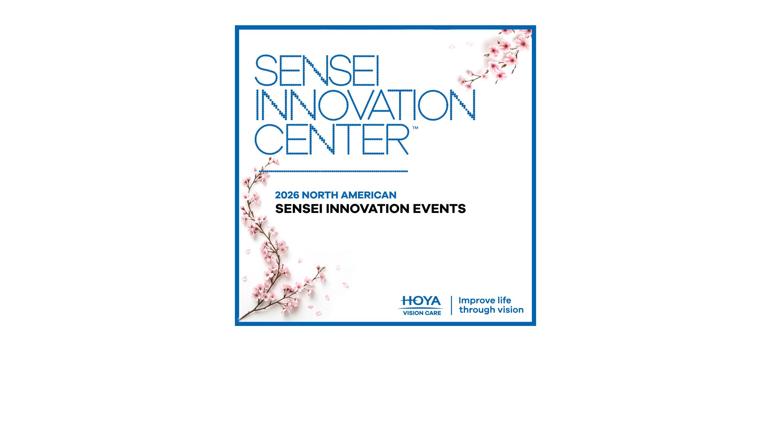 Image de relations publiques pour le Centre d’innovation Sensei de HOYA Vision Care et les événements Sensei Innovation 2026, représentant des fleurs de cerisier et le logo HOYA.