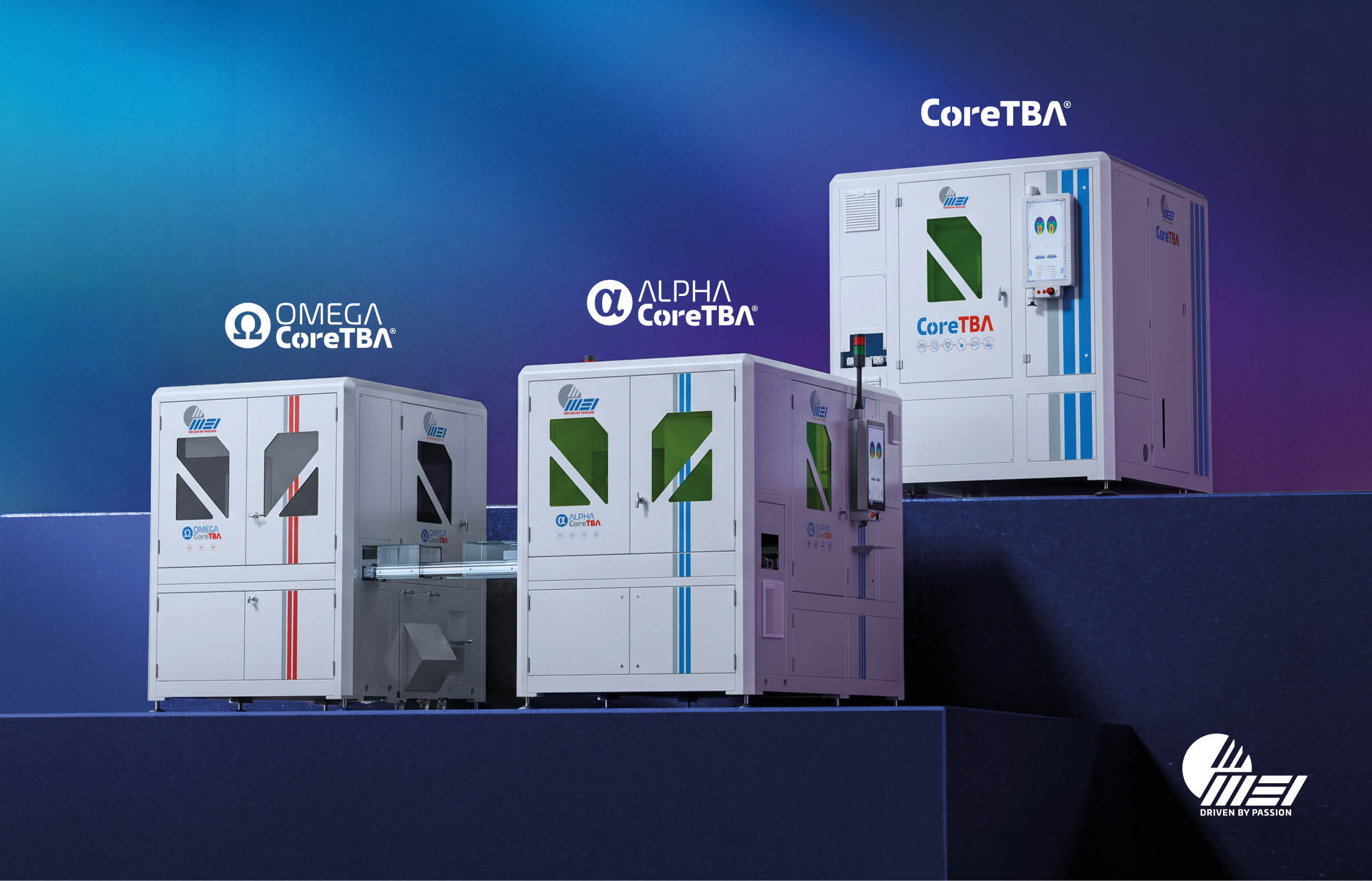 Three large, industrial MEI CoreTBA-series block-less lens production machines (OMEGA CoreTBA, ALPHA CoreTBA, and CoreTBA) are displayed on blue tiered platforms against a dark gradient background. Each machine is white, labeled with its name and the MEI logo, and shows varying sizes and features like screens and access points.