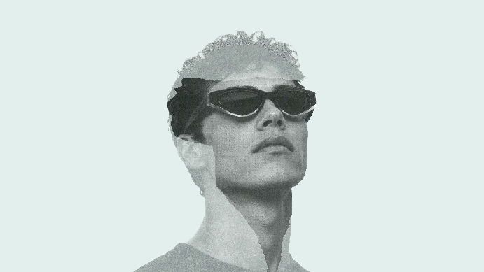 Double-exposure portrait of a man wearing dark cat-eye sunglasses, blended with a grayscale profile overlay.