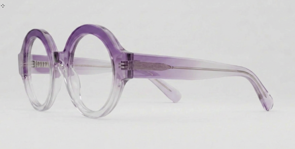 Side view of round purple-tinted acetate eyeglasses with a gradient fade.