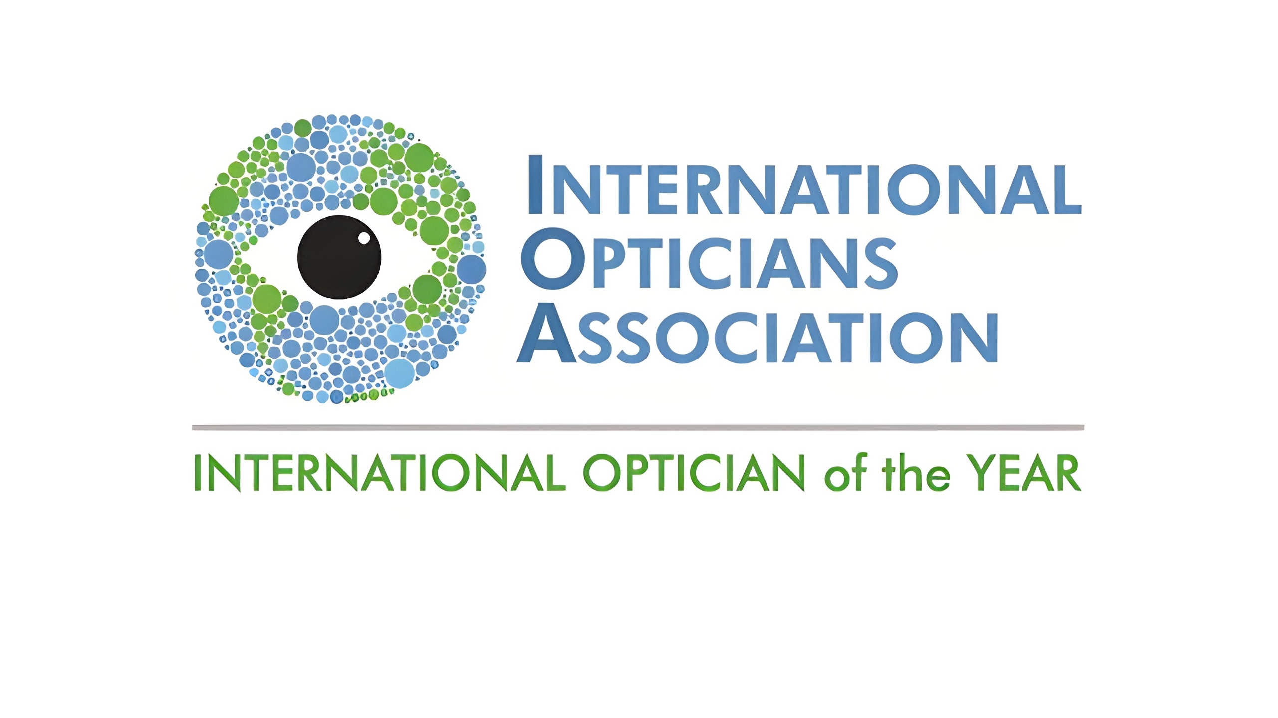 Logo de l'International Opticians Association avec un globe en mosaïque en forme d'œil et la mention du prix International Optician of the Year.