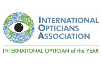 International Opticians Association logo featuring a dotted globe eye emblem and the International Optician of the Year award title.