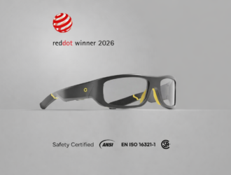 Red Dot Award winner 2026 safety glasses in black and yellow, ANSI, EN ISO 16321-1, and CSA safety certified protective eyewear