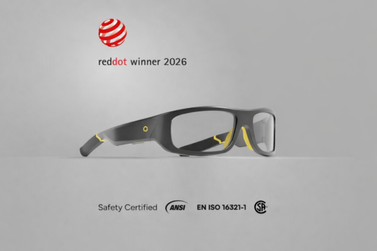 Red Dot Award winner 2026 safety glasses in black and yellow, ANSI, EN ISO 16321-1, and CSA safety certified protective eyewear