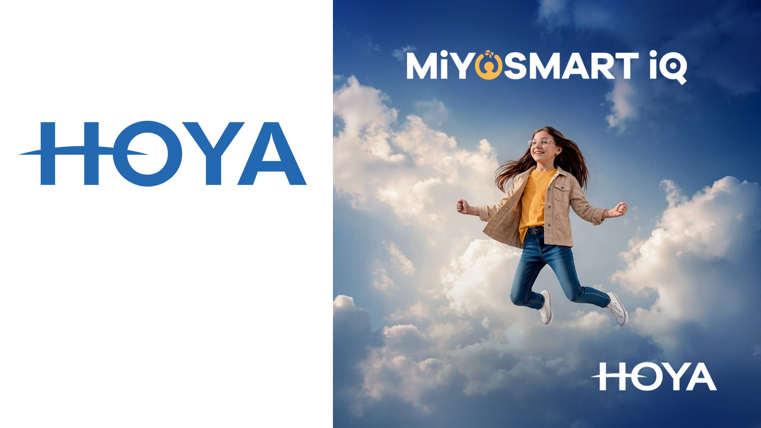 Une fillette à lunettes saute dans un ciel bleu éclatant parsemé de nuages, avec les logos MiYOSMART iQ et HOYA.