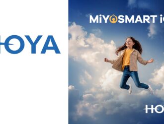 A girl in glasses jumps mid-air against a bright, cloud-filled blue sky, with the MiYOSMART iQ and HOYA logos.