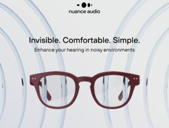 Nuance Audio smart glasses in shiny burgundy with transparent sound wave graphics, featuring the text "Invisible. Comfortable. Simple. Enhance your hearing in noisy environments."