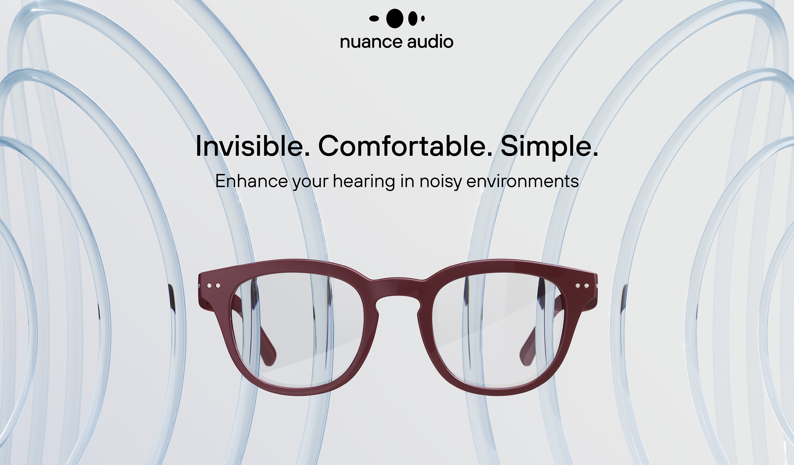 Nuance Audio smart glasses in shiny burgundy with transparent sound wave graphics, featuring the text "Invisible. Comfortable. Simple. Enhance your hearing in noisy environments."