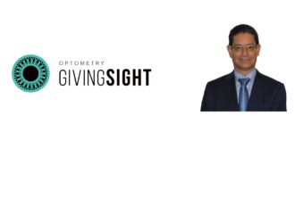 A featured graphic on a white background displaying the Optometry Giving Sight logo on the left and a professional headshot portrait of Dr. Javier Prada-López wearing glasses and a suit on the right.