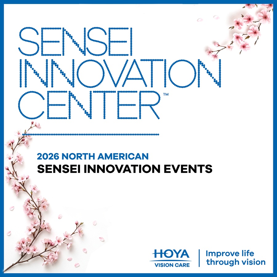 PR image for HOYA Vision Care Sensei Innovation Center and 2026 Sensei Innovation Events, with sakura flowers and HOYA logo.