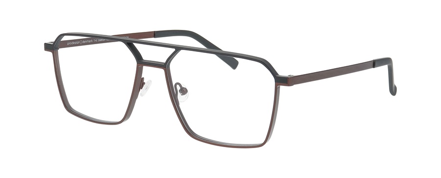 Lunettes en titane Prodesign LOCK présentant une construction bicolore précise avec une barre supérieure sombre et un contour inférieur marron dans une forme aviateur moderne et angulaire.