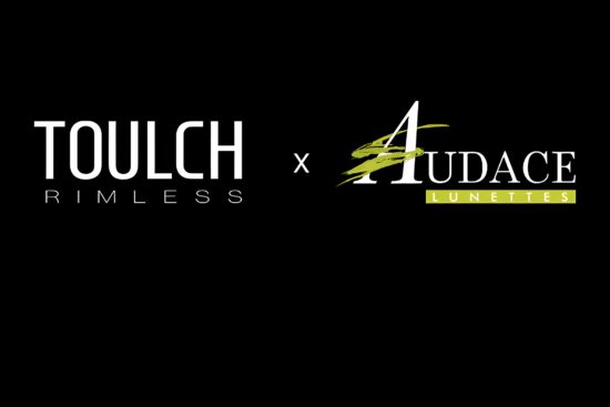 Graphic showing the Toulch Rimless logo next to the Audace Lunettes logo on a dark background, highlighting the distribution partnership of Canadian innovative eyewear.