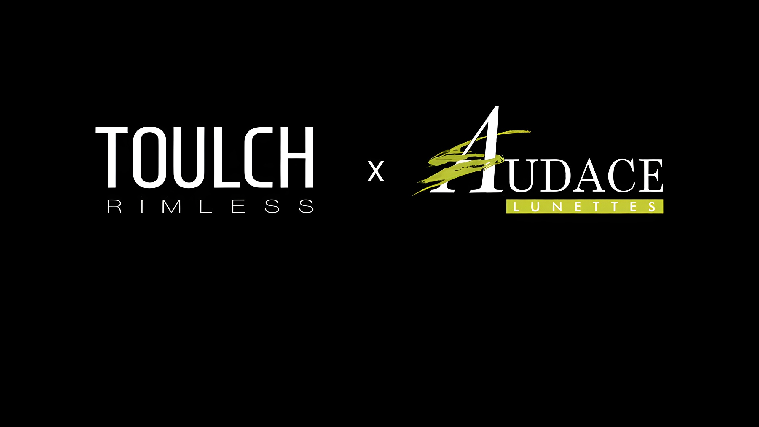 Graphic showing the Toulch Rimless logo next to the Audace Lunettes logo on a dark background, highlighting the distribution partnership of Canadian innovative eyewear.