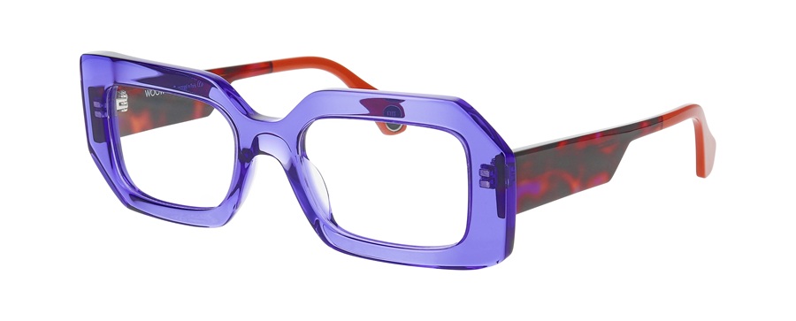 WOOW ON OFF eyewear, purple square frame with tortoiseshell and orange asymmetric temple, side view
