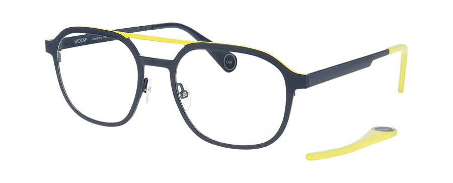 Lunettes WOOW WITH OUT, monture bleu marine avec embout de branche asymétrique jaune, vue de profil