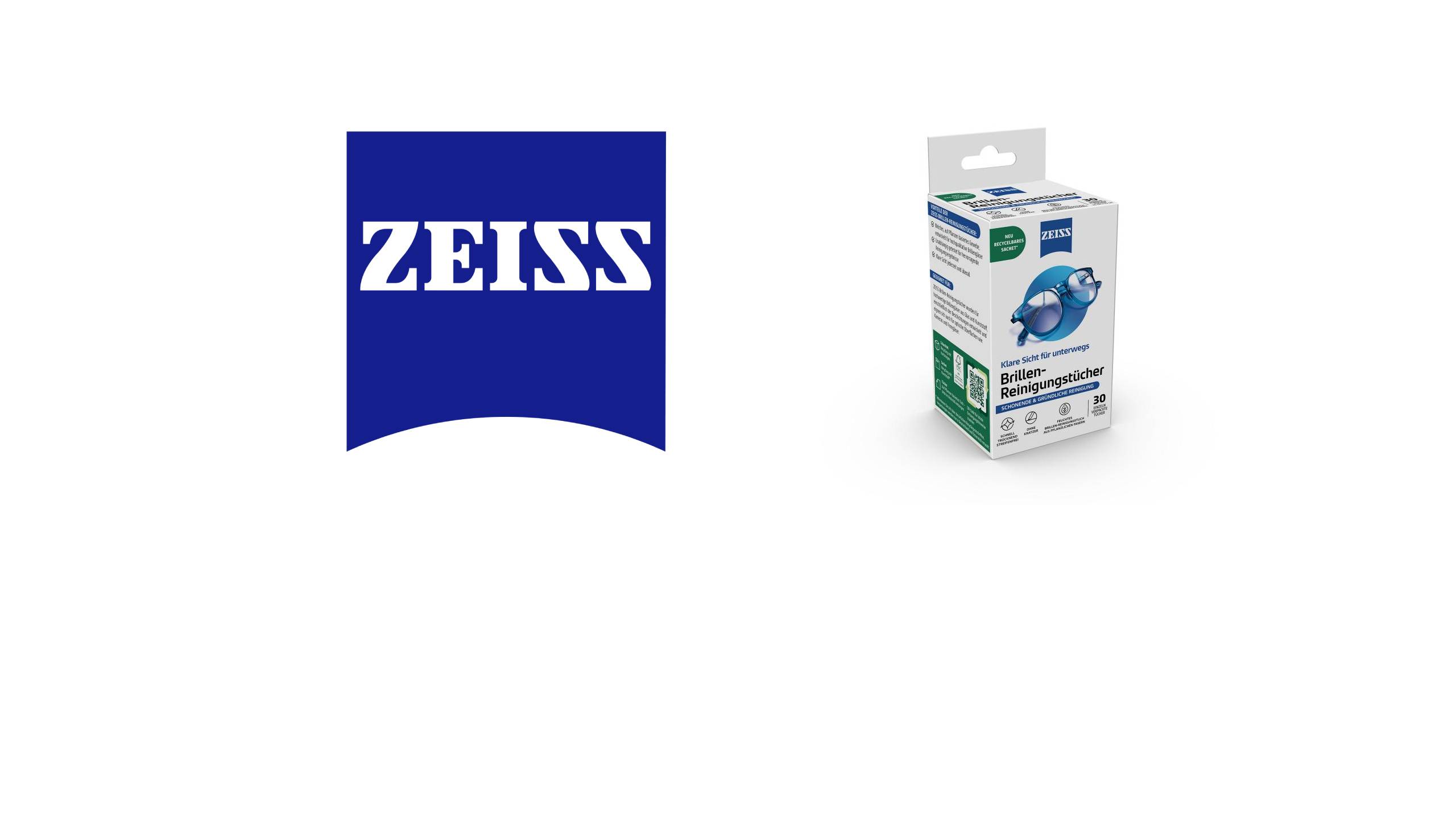 Logo ZEISS à côté d'une boîte d'emballage de lingettes nettoyantes pour lunettes ZEISS (« Brillen-Reinigungstücher »), portant la mention « Nouveau sachet recyclable » et un code QR DigiDot pour les instructions de recyclage sur le côté, à côté d'une illustration de lunettes teintées de bleu.