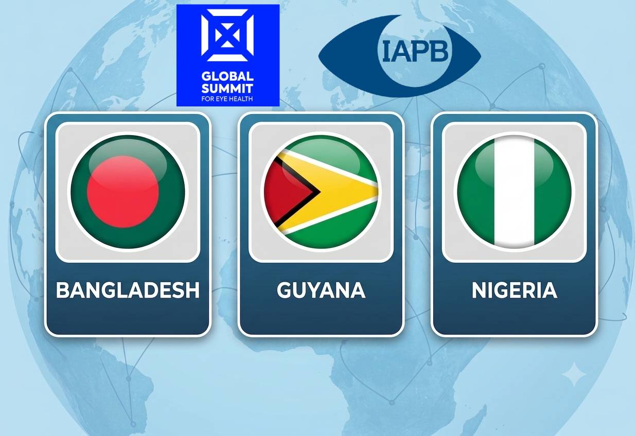 Bangladesh, Guyana and Nigeria flags featured as co-host countries of the Global Summit for Eye Health, with IAPB logo