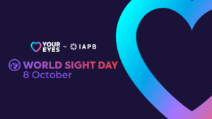 Graphique promotionnel de l'IAPB pour la Journée mondiale de la vue le 8 octobre, avec le logo en forme de cœur « Love Your Eyes » et un grand cœur dégradé bleu et violet sur fond bleu foncé.
