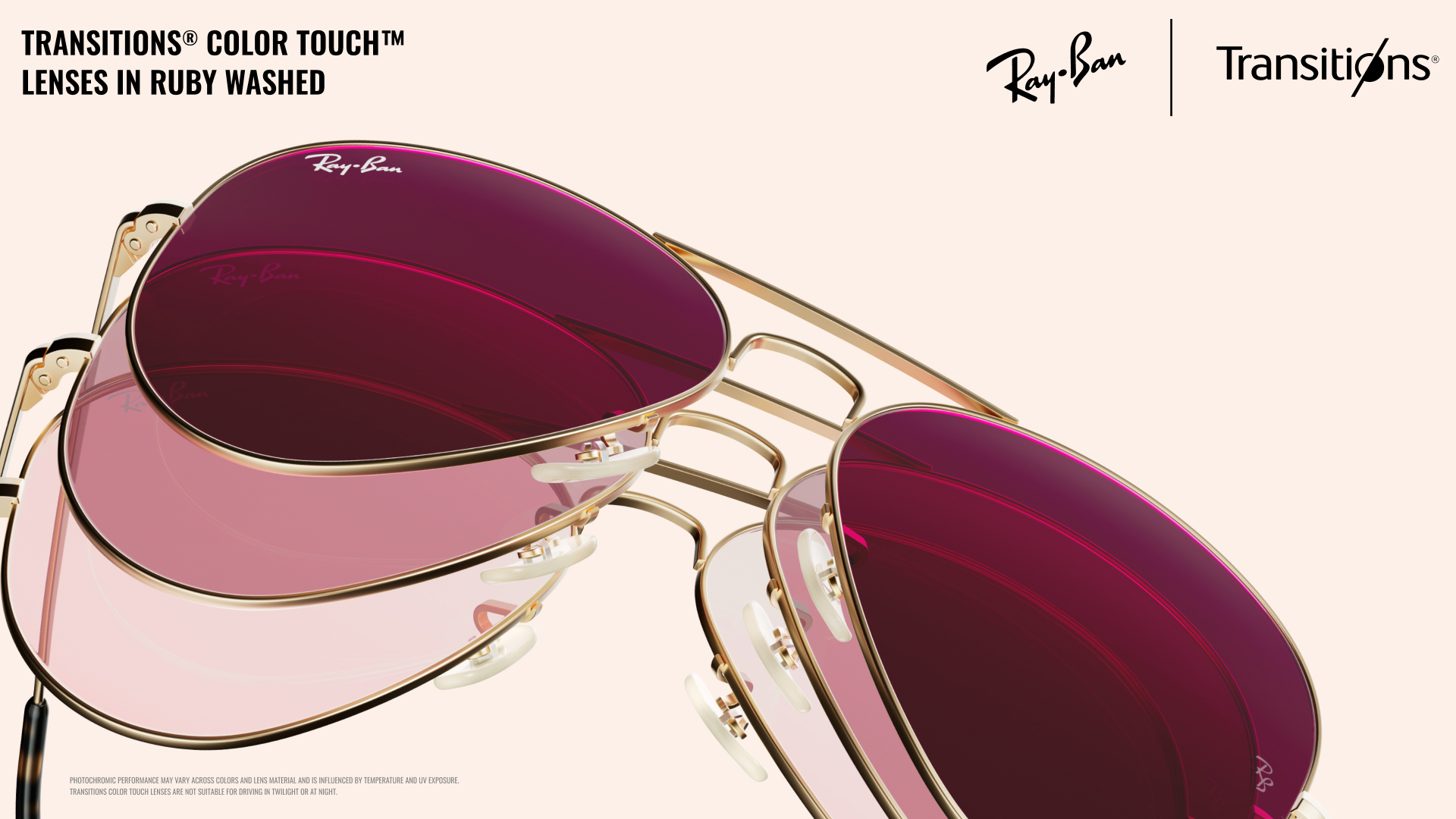 Verres Ray-Ban Aviator Transitions Color Touch coloris Ruby Washed montrant le dégradé de teinte