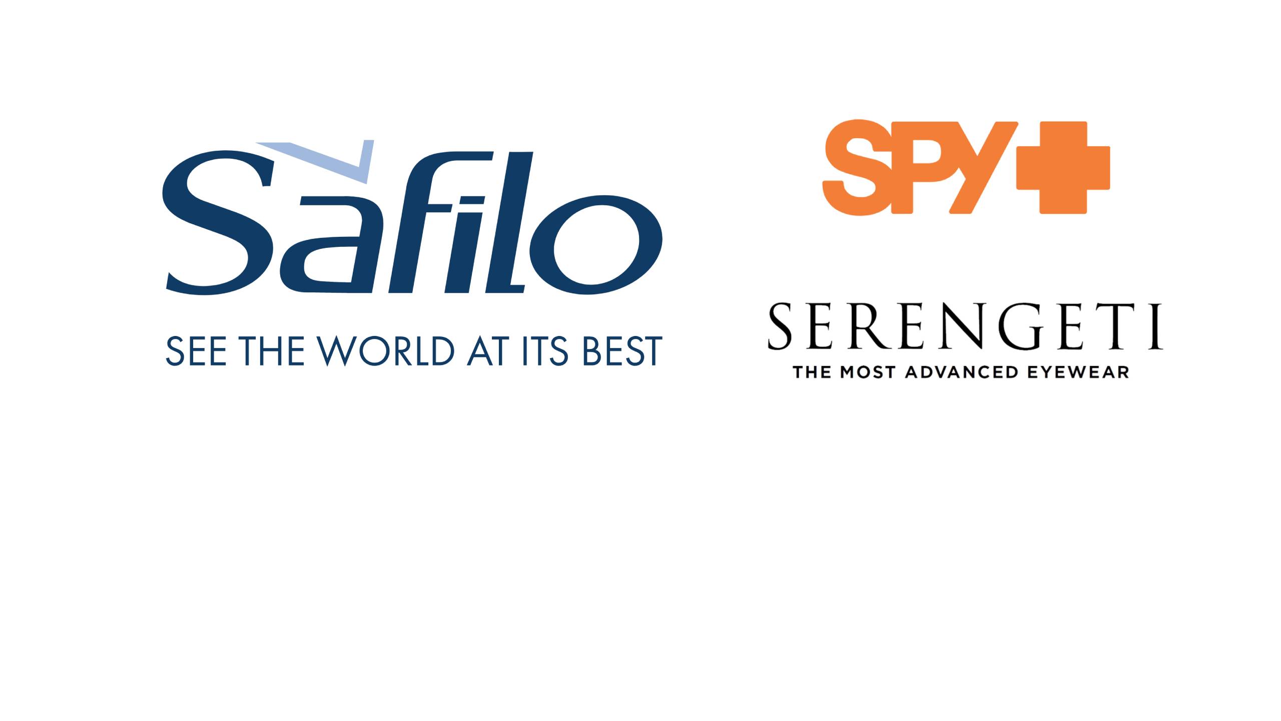 Logos of Safilo with tagline "See the world at its best", SPY+ in orange, and Serengeti with tagline "The most advanced eyewear" arranged together on a white background.