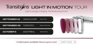 Transitions Light in Motion Tour promotional banner showing Canadian tour dates in Vancouver, Toronto, and Montreal alongside photochromic transition lenses dynamically changing tint.