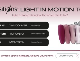 Transitions Light in Motion Tour promotional banner showing Canadian tour dates in Vancouver, Toronto, and Montreal alongside photochromic transition lenses dynamically changing tint.