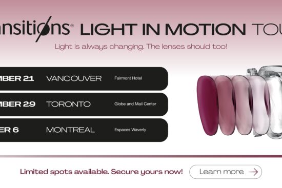 Transitions Light in Motion Tour promotional banner showing Canadian tour dates in Vancouver, Toronto, and Montreal alongside photochromic transition lenses dynamically changing tint.